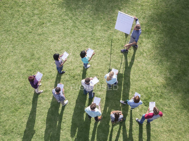 Businessman leading meeting at flipchart in sunny field — Stock Photo