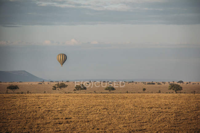 Globo de pelo caliente flotando sobre un desierto tranquilo, Serengeti, Tanzania - foto de stock