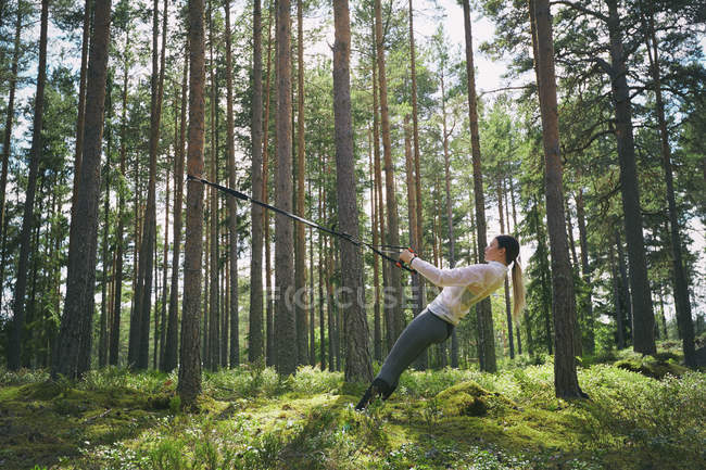 Corredor usando banda de resistencia en el árbol en los bosques - foto de stock