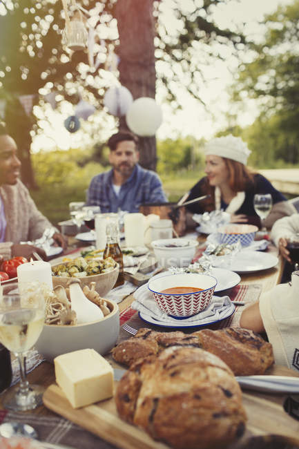 Друзья наслаждаются обедом за столом во дворе — стоковое фото