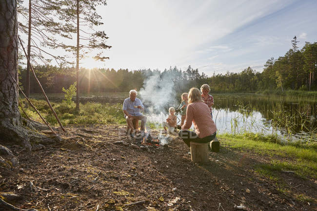 Grandparents and grandchildren enjoying campfire at sunny lakeside in woods — Stock Photo