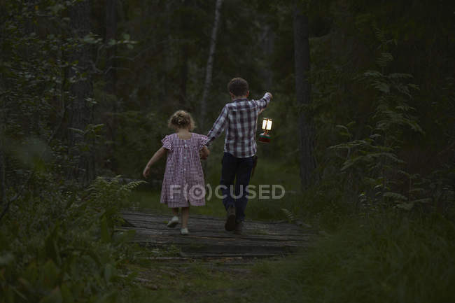 Brother and sister walking with lantern over footbridge in woods — Stock Photo
