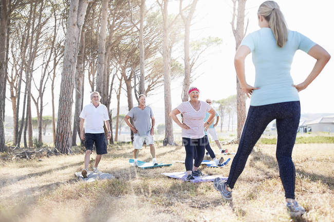 Senior adults practicing yoga in sunny park — Stock Photo