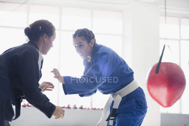 Mujeres practicando judo en el gimnasio juntas - foto de stock
