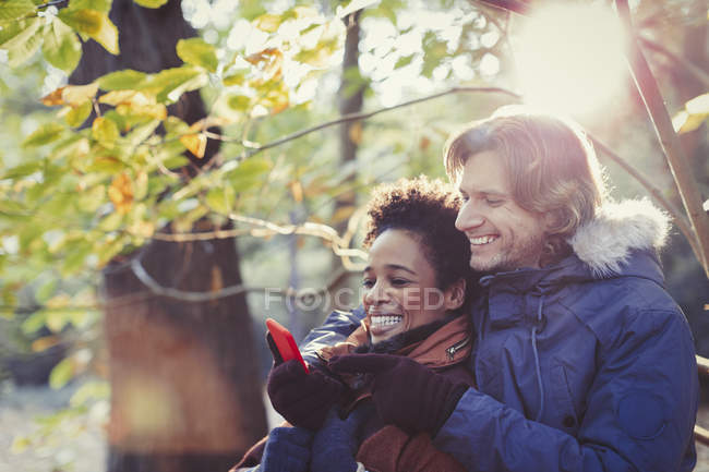 Casal sorridente usando telefone celular no ensolarado parque de outono — Fotografia de Stock