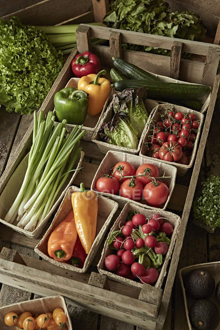Stillleben frisch, biologisch, gesunde Gemüseerntevielfalt in Holzkiste — Stockfoto