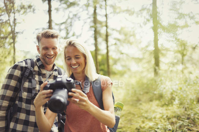 Caminhadas de casal sorridente, visualização de câmera SLR digital na floresta — Fotografia de Stock
