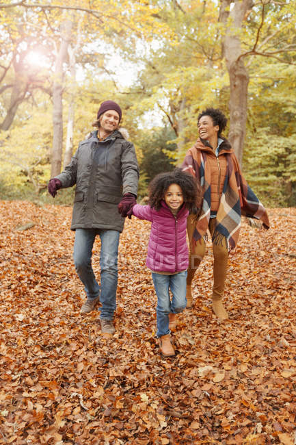Молодая семья держится за руки, гуляя по осенним лесам — стоковое фото