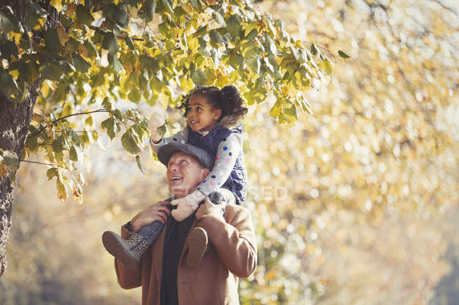 Grandfather carrying daughter on shoulders below trees in sunny autumn park — Stock Photo