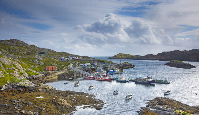 Blick auf Fischerboote im zerklüfteten Hafen, Luskentyre, Harris, äußere Hebriden — Stockfoto