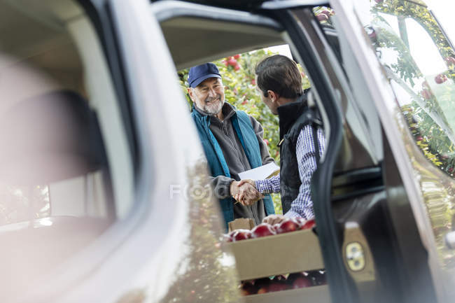 Maschio contadino e cliente handshake a camion nel frutteto di mele — Foto stock