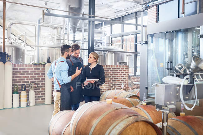 Brewers meeting, talking at wooden casks — Stock Photo