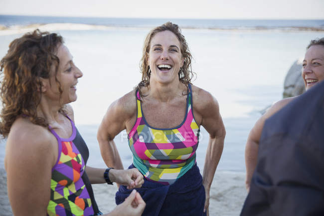 Happy Female active swimmers at ocean outdoors — Stock Photo
