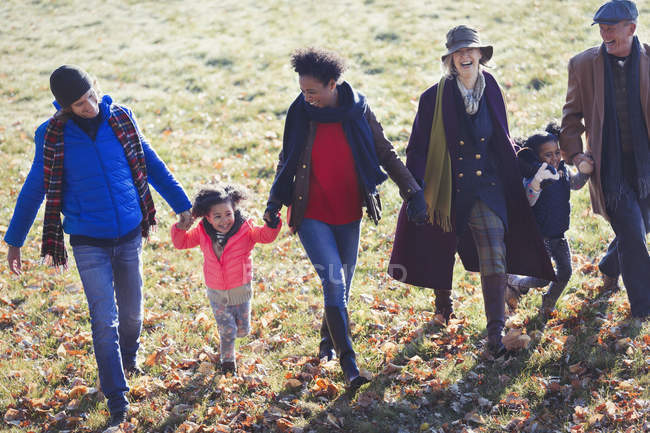 Multi-geração família de mãos dadas e caminhando no ensolarado parque de outono — Fotografia de Stock