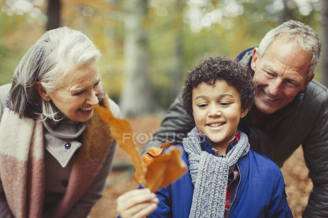 Abuelos y nieto sosteniendo hoja de otoño - foto de stock