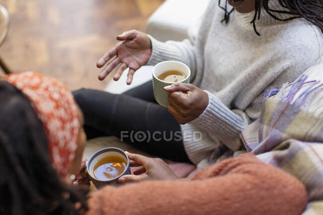 Друзья женщины разговаривают и пьют чай — стоковое фото