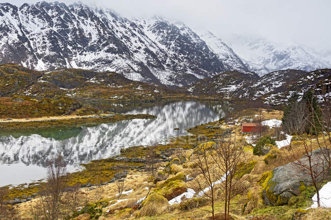 Tranquilo, remota paisagem montanhosa nevada, Alsvag, Langoya, Noruega — Fotografia de Stock