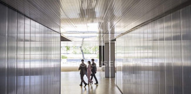 Деловые люди, идущие по современному офисному коридору — стоковое фото
