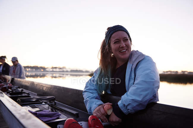 Portrait smiling, confident female rower at scull — Stock Photo