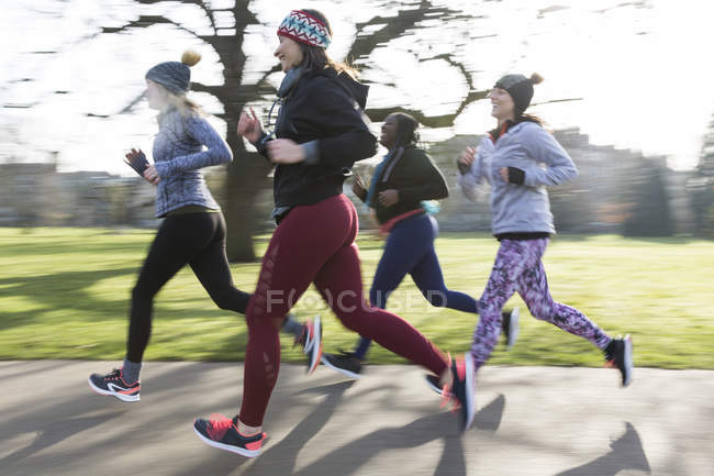 Sorrindo corredores do sexo feminino correndo no parque ensolarado — Fotografia de Stock