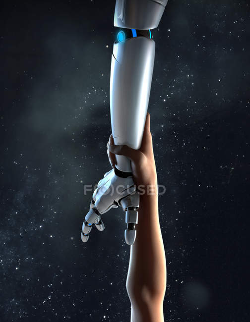 Созданное компьютером изображение руки тянется к роботизированной руке — стоковое фото