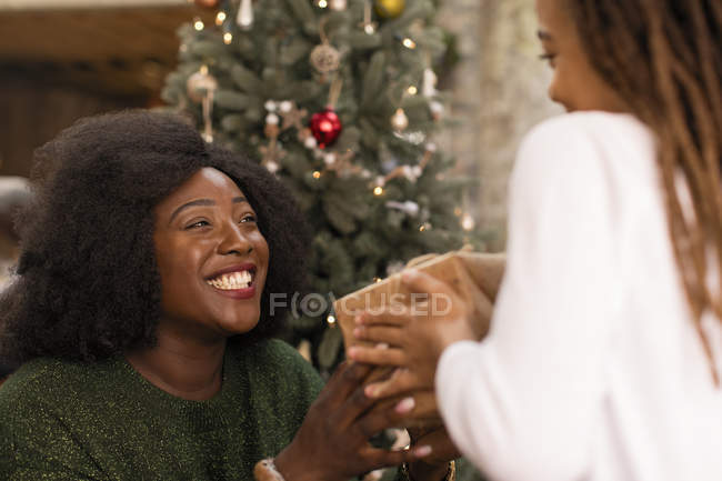 Усміхнена мати дарує різдвяний подарунок дочці — стокове фото