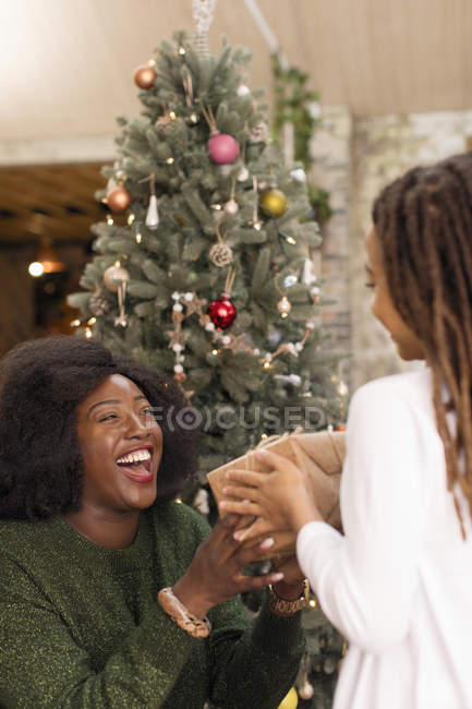 Entusiasta madre dando regalo de Navidad a su hija - foto de stock