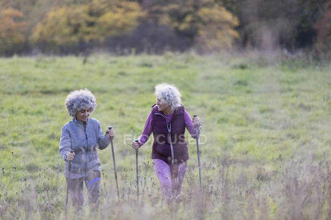Femmes âgées actives amis randonnée pédestre avec des pôles sur la colline rurale — Photo de stock