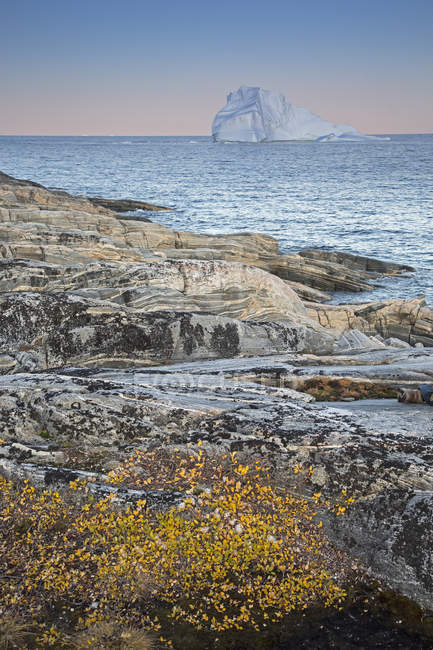 Скелястий порід і океан з айсберг, Disko острів, Гренландія — стокове фото