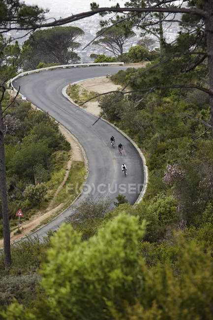 Ciclistas descendiendo en bicicleta por carretera, vista lejana - foto de stock