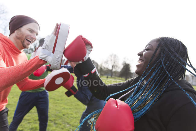 Enthusiastic friends boxing in green park — Stock Photo