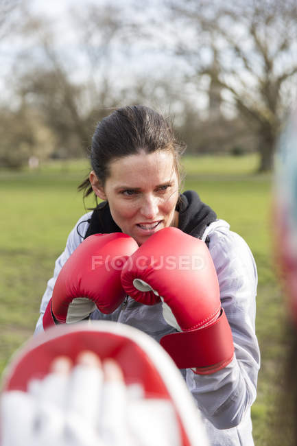 Focused, determined woman boxing in green park — Stock Photo