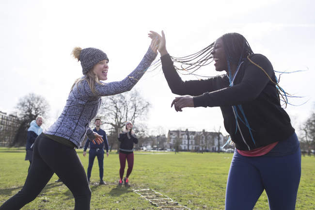 Mujeres entusiastas chocando los cinco, haciendo ejercicio en el soleado parque - foto de stock