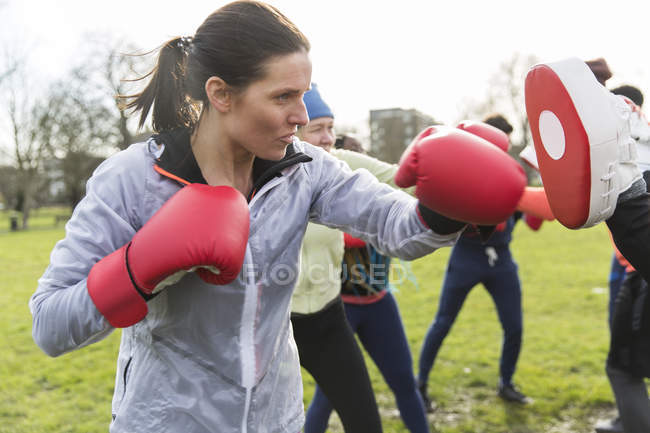 Решительная, жесткая женщина бокс в парке — стоковое фото