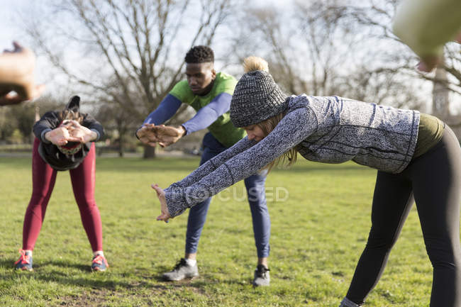 Люди займаються спортом, розтягуються в сонячному парку — стокове фото