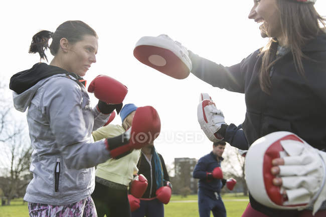 Mujeres decididas boxeando en parque verde - foto de stock