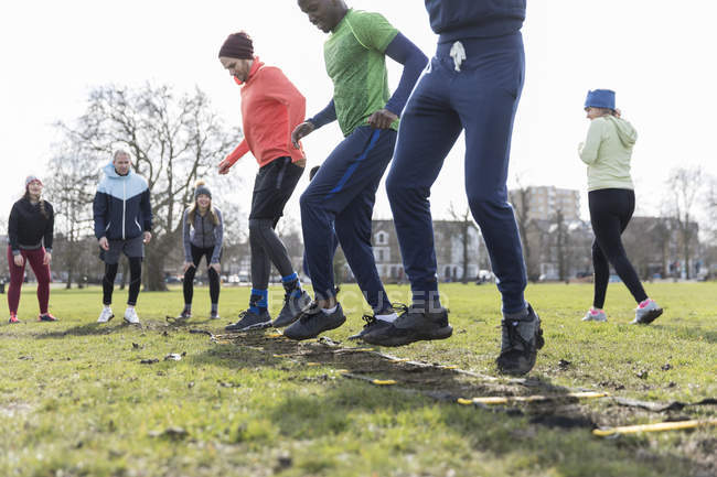 Group of people exercising in green park — Stock Photo