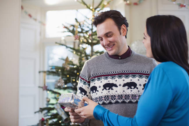Esposa dando regalo de Navidad al marido - foto de stock