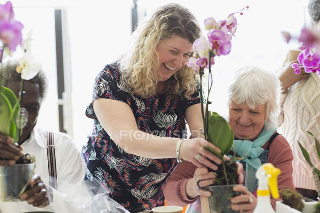 Усміхнений інструктор і старша жінка в класі облаштування квітів — стокове фото