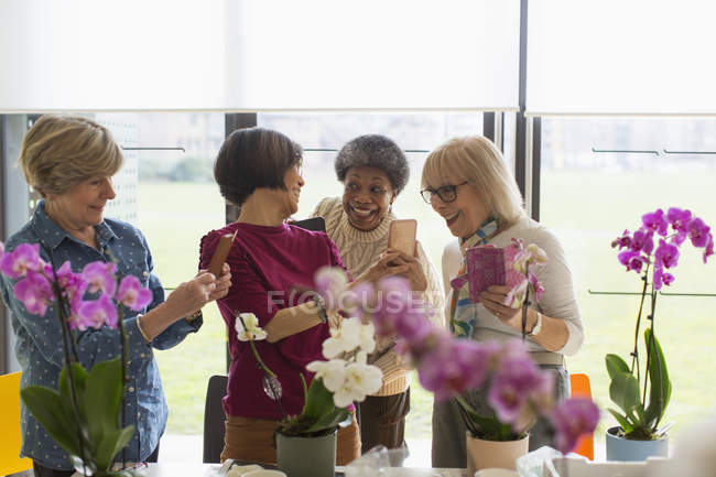 Heureuses femmes âgées avec des téléphones de caméra appréciant la classe d'arrangement de fleurs — Photo de stock