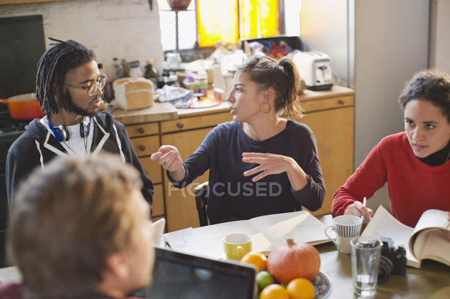 Young college student roommates studying, talking at kitchen table in apartment — Stock Photo