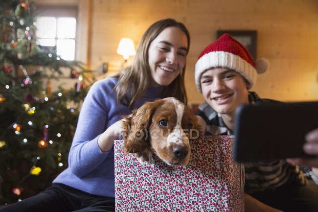 Брат и сестра делают селфи с собакой в рождественской подарочной коробке — стоковое фото