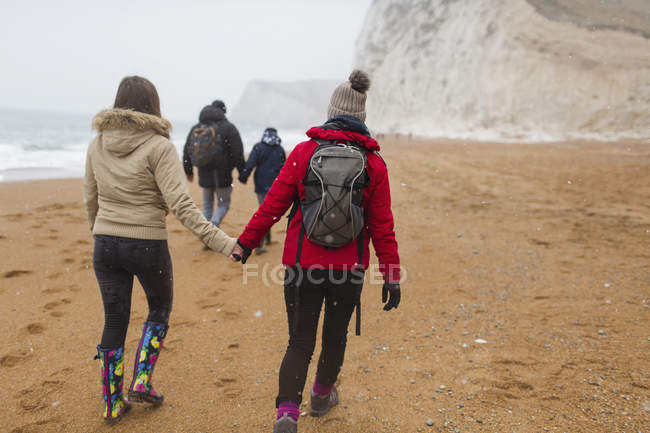 Ласковая семейная ходьба, держась за руки на снежном зимнем пляже — стоковое фото