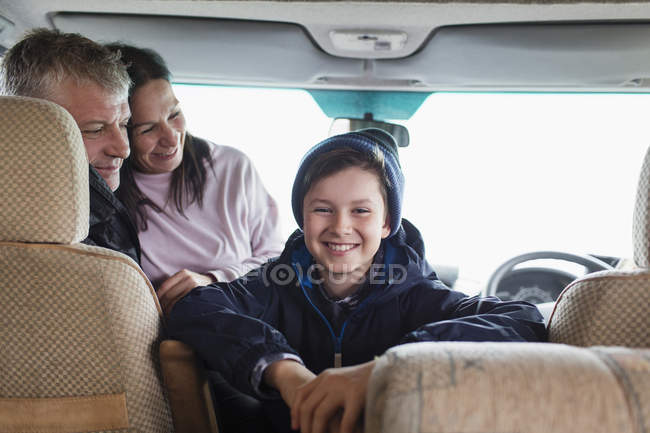 Portrait happy, carefree family in motor home — Stock Photo