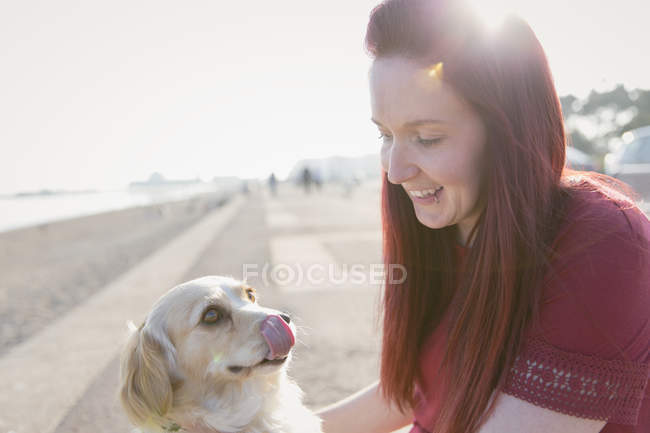 Mujer con lindo perro en playa soleada paseo marítimo - foto de stock