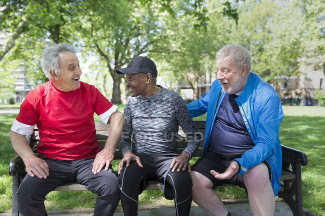 Hombres mayores activos amigos hablando en el banco del parque - foto de stock