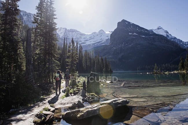 Femmes randonnée le long tranquille, idyllique lac de montagne — Photo de stock