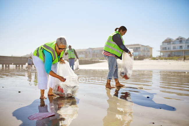 Des femmes bénévoles ramassent de la litière sur une plage de sable humide ensoleillée — Photo de stock