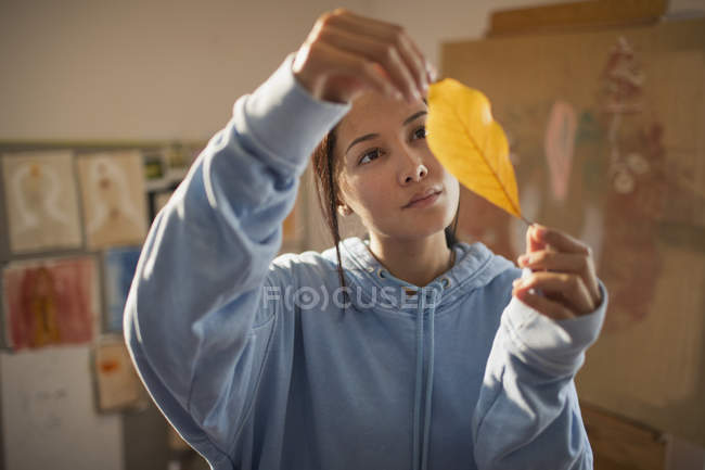 Artiste féminine curieuse examinant feuille d'automne — Photo de stock