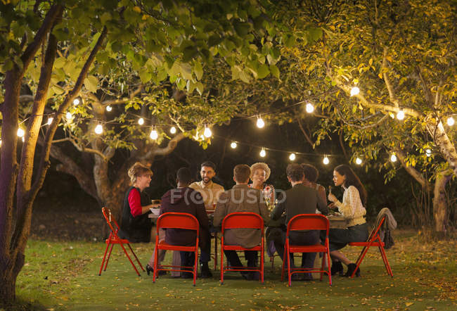 Друзі насолоджуються вечіркою в саду під деревами з казковими вогнями — стокове фото